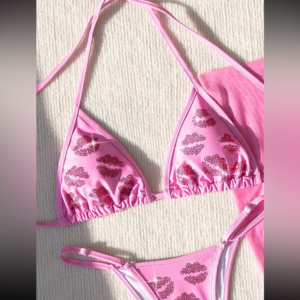Pink & Red Rhinestone Lips 3 Piece Bikini Set - Picture 5 of 7